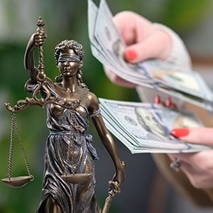 A woman holding money behind the scales of justice representing bankruptcy - Burton Law Offices